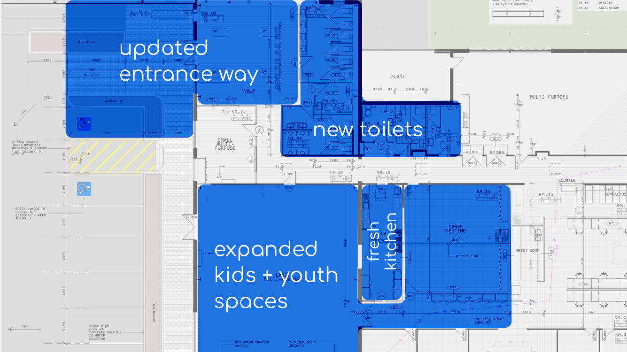one2one Stage 1 proposed building plan. Including an Updated Entrance Way, new toilet facilities and expanding our kids and youth spaces.